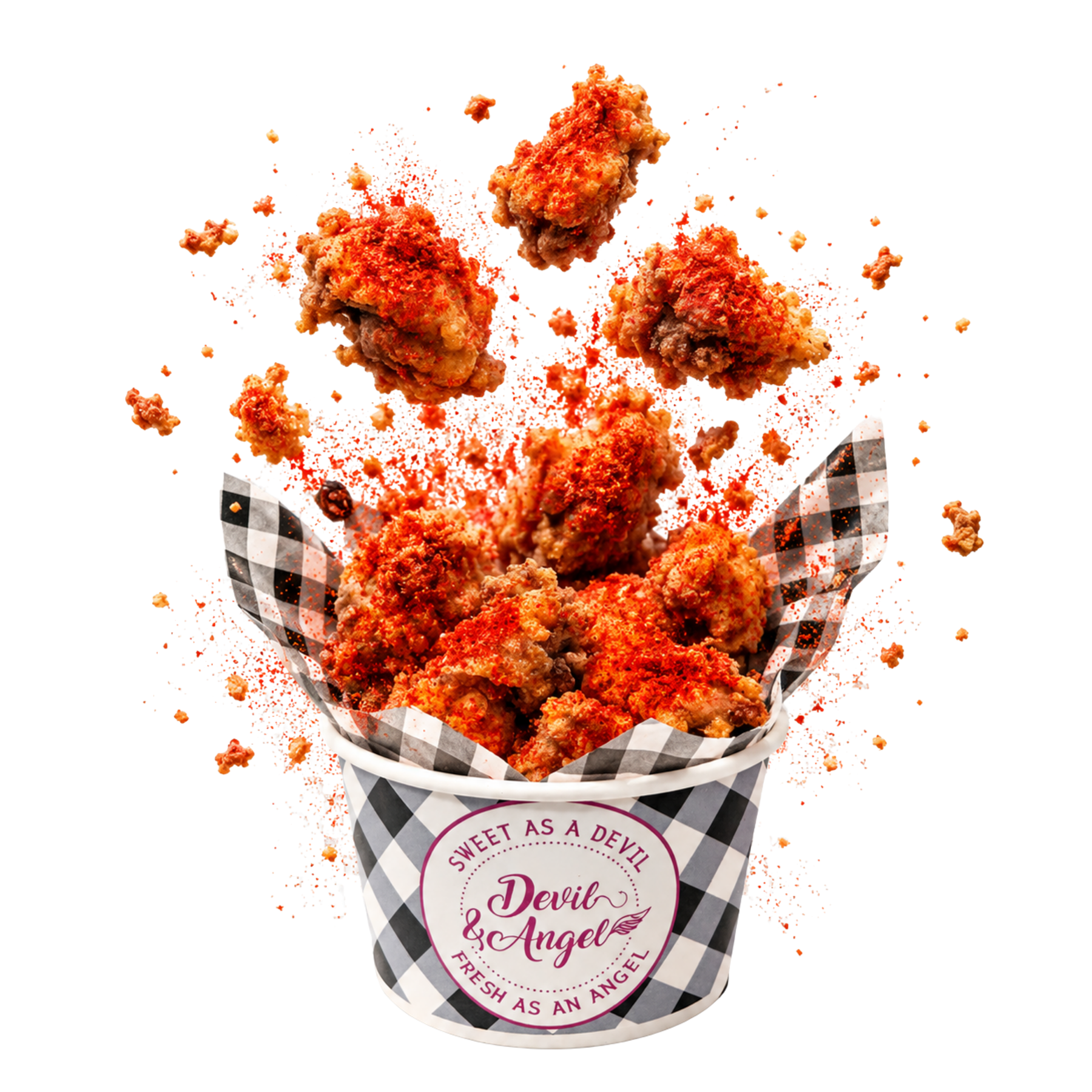 Crispy seasoned chicken popcorn served in a Devil Angel branded cup